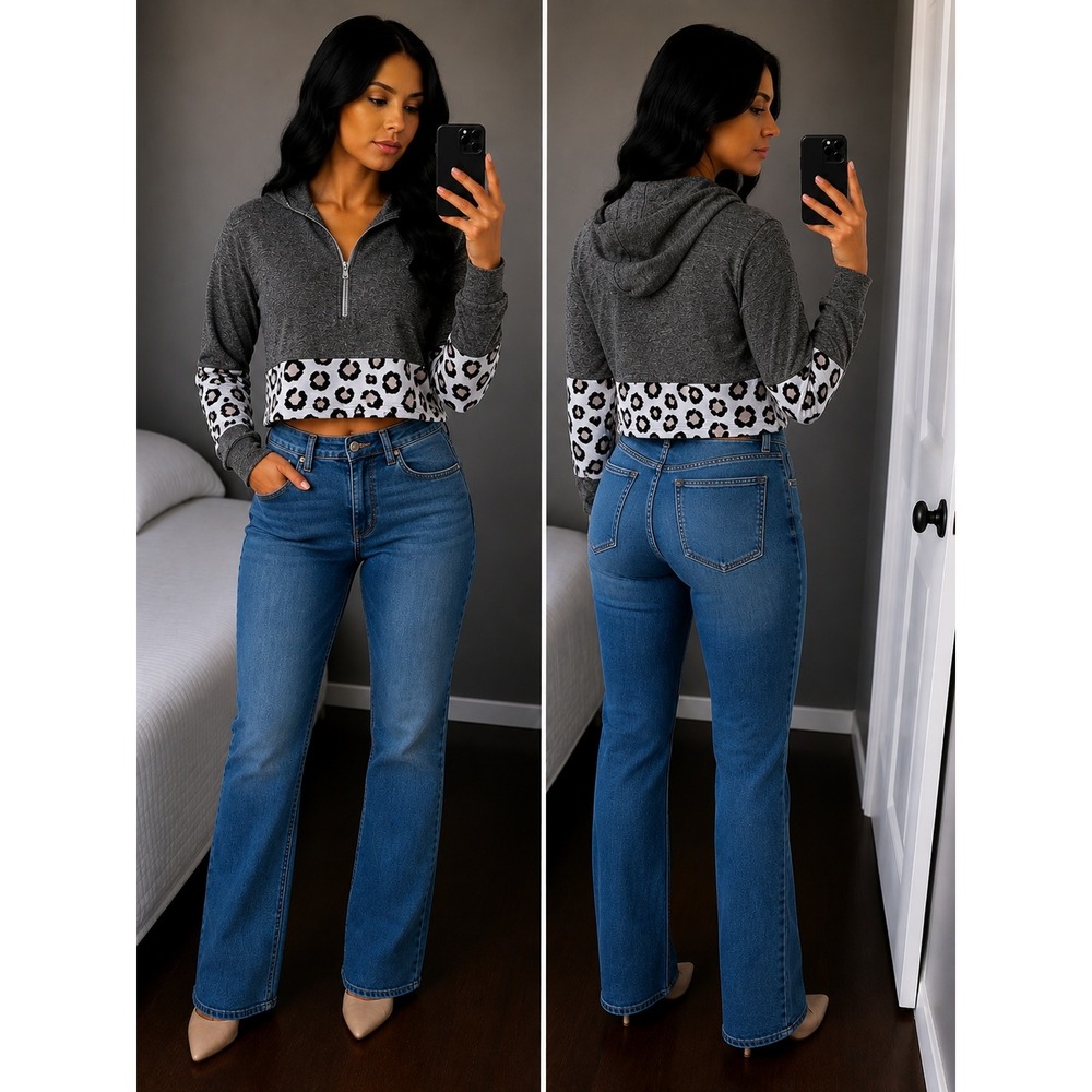 Shein Women Small Grey Blue Black Cheetah Colorblock Lightweight Pullover Hoodie